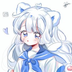 Rule 34 | 1girl, animal ears, bad id, bad twitter id, blue eyes, blue sailor collar, blush, heart, long hair, looking at viewer, original, parted lips, sailor collar, shirt, simple background, solo, upper body, white background, white hair, white shirt, yalmyu