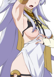 Rule 34 | 1girl, arm up, armpits, black bra, bra, bra lift, head out of frame, highres, long hair, morisobo, ninlil (tonsuki), nipples, one breast out, open mouth, simple background, solo, tondemo skill de isekai hourou meshi, underwear, very long hair, white background, white hair