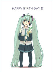 Rule 34 | aged down, bad id, bad pixiv id, bow, happy birthday, hatsune miku, jpeg artifacts, kawai makoto, long hair, simple background, spring onion, thighhighs, twintails, very long hair, vocaloid