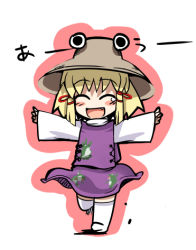 Rule 34 | 1girl, ^ ^, airplane arms, blonde hair, blush, chibi, closed eyes, closed eyes, fang, female focus, hat, lowres, mamo williams, moriya suwako, outstretched arms, running, solo, spread arms, teardrop, thighhighs, touhou, wide sleeves
