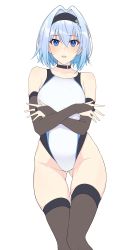 Rule 34 | 1girl, bare shoulders, black thighhighs, blue eyes, blue hair, blush, breasts, bridal gauntlets, choker, collar, collarbone, competition swimsuit, detached sleeves, hair intakes, hair ornament, halcon, highleg, highleg swimsuit, highres, looking at viewer, medium breasts, one-piece swimsuit, open mouth, ryuuou no oshigoto!, short hair, simple background, snowflake hair ornament, solo, sora ginko, swimsuit, thighhighs, thighs, white background, white one-piece swimsuit