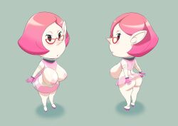 Rule 34 | 1girl, ass, back, blush, breasts, brittany (pikmin), cleavage, curvy, glasses, gloves, highres, huge ass, huge breasts, ikataishogun (king squid), miniskirt, multiple views, nintendo, nipples, pikmin (series), pikmin 3, pink hair, pointy ears, see-through, shiny skin, short hair, shortstack, skirt, thick thighs, thighs