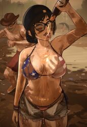 1girl 2boys absurdres alcohol american_flag american_flag_bikini american_flag_print animal beer bikini black_hair breasts car chest_hair crocodile crocodilian curvy dancing dirty dirty_clothes dirty_face ear_piercing facial_hair female_focus flag_print florida_(location) frayed_shorts glasses grey_hair handprint happy hat highres holding holding_animal jewelry large_breasts meme motor_vehicle mud multiple_boys mustache necklace open_clothes open_shorts party piercing print_bikini red_shorts rosen_(veyonis) shorts sunglasses swimsuit veyonis