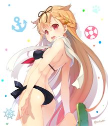 Rule 34 | 1girl, adapted costume, anchor, arched back, arms at sides, ass, bare arms, bare back, bare legs, bare shoulders, bikini, black bikini, black ribbon, blonde hair, blush, braid, breasts, flip-flops, french braid, from behind, gradient hair, hair ornament, hair ribbon, hairclip, kantai collection, leg up, lifebuoy, long hair, looking to the side, multicolored hair, pink hair, red eyes, ribbon, sailor bikini, sailor collar, sandals, scarf, small breasts, solo, standing, standing on one leg, steering wheel, swim ring, swimsuit, takei ooki, tareme, thighs, twitter username, very long hair, white scarf, yuudachi (kancolle), yuudachi kai ni (kancolle)