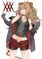 Rule 34 | 1girl, alternate costume, animal ears, arknights, bare shoulders, black choker, black tank top, brown eyes, brown hair, choker, commentary, cowboy shot, crop top, ekuesu, hair between eyes, highres, jacket, lion ears, lion tail, long hair, long sleeves, midriff, navel, off shoulder, open clothes, open fly, open jacket, red shorts, short shorts, shorts, siege (arknights), simple background, solo, standing, tail, tank top, thighs, white background