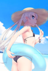 Rule 34 | 1girl, beach, bikini, black bikini, blue eyes, blue sky, blurry, blurry background, breasts, cloud, covered erect nipples, cowboy shot, day, floating hair, food, hat, holding, holding food, ice cream, innertube, long hair, ocean, original, outdoors, popsicle, silver hair, sky, small breasts, solo, soshina nohito, standing, straw hat, sun hat, swim ring, swimsuit, tongue, tongue out, transparent, twintails, very long hair, yellow hat