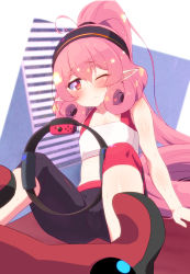 Rule 34 | 1girl, ahoge, alternate hairstyle, bike shorts, black headband, black shorts, blush, closed mouth, commentary, contemporary, exercising, frown, hair up, headband, highres, long hair, looking at viewer, neneka (princess connect!), one eye closed, pink eyes, pink hair, pointy ears, ponytail, princess connect!, ring-con, ring fit adventure, shorts, sitting, solo, sports bra, sw (taco), sweatdrop, very long hair, white sports bra