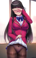 Rule 34 | 1girl, advanced nurturing high school uniform, black hair, black pantyhose, blazer, blue bow, blue bowtie, blurry, blurry background, bow, bow panties, bowtie, breasts, closed mouth, clothes lift, collared shirt, commentary request, covering face, cowboy shot, daiaru, hair ribbon, hallway, highres, horikita suzune, indoors, jacket, lifting own clothes, light frown, long hair, long sleeves, medium breasts, panties, panties under pantyhose, pantyhose, pink panties, pleated skirt, red jacket, ribbon, school uniform, shirt, skirt, skirt lift, solo, thighband pantyhose, underwear, white ribbon, white shirt, white skirt, window, youkoso jitsuryoku shijou shugi no kyoushitsu e