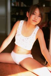 Rule 34 | 1girl, asian, blurry, blurry background, brown eyes, brown hair, closed mouth, crop top, day, female focus, highres, indoors, kamata natsumi, looking at viewer, midriff, navel, on floor, panties, photo (medium), shirt, shorts, sitting, sleeveless, sleeveless shirt, solo, spread legs, stretching, sunlight, swept bangs, tank top, underwear, white panties