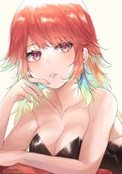Rule 34 | 1girl, absurdres, alternate costume, bare arms, bare shoulders, blush, breasts, cleavage, collarbone, dress, earrings, hand up, highres, hololive, hololive english, jewelry, kanniiepan, long hair, looking at viewer, medium breasts, multicolored hair, orange hair, parted lips, pink eyes, red hair, solo, strapless, strapless dress, takanashi kiara, upper body, virtual youtuber