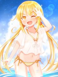 Rule 34 | 1girl, absurdres, bikini, blonde hair, blush, cloud, collarbone, cowboy shot, day, groin, hair between eyes, halterneck, highres, kantai collection, long hair, low twintails, navel, ocean, one eye closed, open mouth, partially submerged, satsuki (kancolle), see-through, short sleeves, side-tie bikini bottom, smile, solo, sparkle, striped bikini, striped clothes, suzushiro (gripen39), swimsuit, twintails, wading, water, water drop, yellow eyes