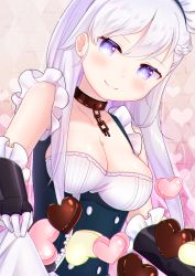 Rule 34 | 1girl, argyle, argyle background, argyle clothes, azur lane, bad id, bad pixiv id, belfast (azur lane), black dress, black gloves, blue eyes, blush, breasts, broken, broken chain, candy, chain, chocolate, chocolate heart, cleavage, closed mouth, collarbone, commentary request, dress, elbow gloves, food, gloves, hair between eyes, heart, heart background, highres, kuma no yume, looking at viewer, maid, maid headdress, medium breasts, silver hair, smile, solo, valentine