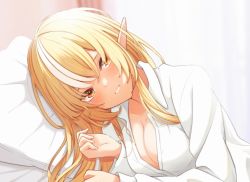 Rule 34 | 1girl, blonde hair, blush, breasts, cleavage, collared shirt, elf, hololive, long hair, long sleeves, lying, medium breasts, multicolored hair, on bed, on side, oniku (o29sukizero), open clothes, open shirt, orange eyes, parted lips, pillow, pointy ears, shiranui flare, shirt, smile, solo, streaked hair, two-tone hair, upper body, virtual youtuber, white hair, white shirt