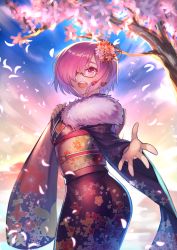 Rule 34 | 1girl, :d, absurdres, alternate costume, cherry blossoms, fate/grand order, fate (series), floral print, flower, fur trim, furisode, glasses, hair flower, hair ornament, hair over one eye, highres, hrtyuk, japanese clothes, kimono, looking at viewer, mash kyrielight, obi, open mouth, outstretched hand, petals, purple eyes, purple hair, sash, short hair, smile, solo