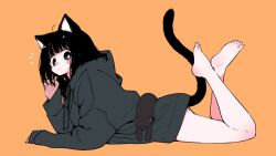 Rule 34 | 1girl, absurdres, ahoge, animal ear fluff, animal ears, arm support, bare legs, barefoot, black cat, black eyes, black hair, blunt bangs, blush, blush stickers, cat, cat ears, cat girl, cat tail, crossed legs, feet, from side, full body, grey hoodie, hand in own hair, highres, hood, hoodie, legs, looking at viewer, lying, megateru, no pants, nose blush, notice lines, on stomach, orange background, original, oversized clothes, parted lips, soles, solo, tail, tareme, the pose, thighs