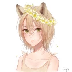 Rule 34 | 1girl, absurdres, animal ears, artist name, blush, collarbone, eyes visible through hair, fang, green eyes, hair between eyes, hair over eyes, head wreath, highres, original, parted lips, romiy, short hair, simple background, solo, upper body, white background, wolf ears