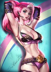 Rule 34 | 1girl, armpits, arms behind head, arms up, artist name, blue eyes, breasts, cleavage, curvy, ear microphone, elbow gloves, female focus, gloves, gradient background, highres, large breasts, long hair, looking at viewer, multicolored hair, navel, open mouth, original, pink hair, sakimichan, short shorts, shorts, signature, solo, stomach, striped, striped background, thick thighs, thighs, two-tone hair, wide hips