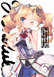 Rule 34 | 1girl, blonde hair, blue eyes, breasts, character name, cowboy shot, crop top, dress, drill hair, headgear, honolulu (kancolle), kantai collection, large breasts, long hair, looking at viewer, military, military uniform, n:go, one-hour drawing challenge, one eye closed, overskirt, pleated dress, sleeveless, smile, solo, twin drills, twintails, uniform