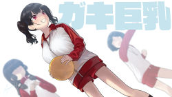 Rule 34 | 3girls, ball, black hair, blunt bangs, blush, breasts, clenched teeth, collared jacket, commentary request, faceless, faceless female, holding, holding ball, jacket, jersey, kaedeko (kaedelic), large breasts, long sleeves, looking to the side, multiple girls, original, red eyes, red shorts, sasaki kanna (kaedeko), short hair, short shorts, shorts, signature, simple background, solo focus, teeth, track jacket, translation request, twintails, white background