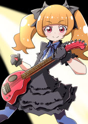 Rule 34 | 10s, 1girl, aisaki emiru, black dress, black gloves, black ribbon, blue bow, blue bowtie, blue pantyhose, blunt bangs, blush, bow, bowtie, closed mouth, dress, female focus, flat chest, gloves, guitar, hair ribbon, happy, highres, holding, hugtto! precure, instrument, legs apart, looking at viewer, mikomo, orange hair, pantyhose, precure, puffy short sleeves, puffy sleeves, red eyes, ribbon, short sleeves, smile, solo, standing, twintails, yellow background