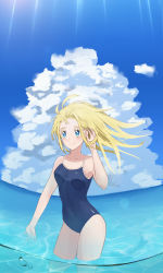 Rule 34 | 1girl, absurdres, blonde hair, blue eyes, blue one-piece swimsuit, blue sky, breasts, cloud, competition school swimsuit, cowboy shot, day, highres, horizon, kofune ushio, long hair, looking at viewer, medium breasts, moetora, ocean, one-piece swimsuit, outdoors, school swimsuit, sky, soaking feet, solo, standing, summertime render, swimsuit, wading