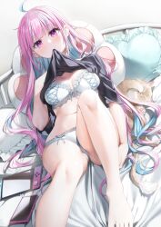 Rule 34 | 1girl, absurdres, ahoge, aqua hair, barefoot, bed, bed sheet, black shirt, blue bra, blue panties, blush, bra, brown cat, cat, cellphone, clothes lift, colored inner hair, commentary, feet, frilled pillow, frills, heart, heart-shaped pillow, highres, hololive, knee up, knees, legs, long hair, looking at viewer, minato aqua, mouth hold, multicolored hair, navel, nintendo switch, panties, phone, pillow, pink eyes, pink hair, shirt, shirt hold, shirt lift, short sleeves, smartphone, stomach, streaked hair, thighs, toes, twitter username, two-tone hair, underwear, virtual youtuber, yana mori