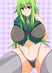Rule 34 | 1girl, breasts, green hair, large breasts, looking at viewer, midriff, navel, revolver (titin), thighhighs