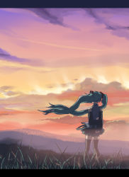 Rule 34 | 1girl, aqua hair, arm behind back, cloud, detached sleeves, field, from behind, hatsune miku, katagiri, letterboxed, long hair, skirt, sky, solo, sunset, thighhighs, twintails, very long hair, vocaloid, wind, zettai ryouiki