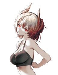 Rule 34 | 1girl, adjusting clothes, arknights, bare arms, bare shoulders, black bra, bra, breasts, cleavage, closed mouth, collarbone, feather hair, fiammetta (arknights), from side, gradient hair, head tilt, highres, impossible clothes, large breasts, looking at viewer, looking to the side, multicolored hair, red eyes, red hair, short hair, silver hair, simple background, solo, underwear, underwear only, upper body, veilrain, white background