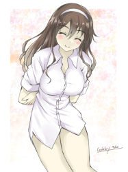 Rule 34 | 1girl, arms behind back, ashigara (kancolle), brown hair, commentary request, cowboy shot, dress shirt, closed eyes, facing viewer, gakky, hairband, kantai collection, leaning forward, long hair, one-hour drawing challenge, shirt, simple background, solo, wavy hair, white background, white hairband, white shirt