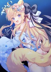 Rule 34 | 1girl, ahoge, animal ear fluff, animal ears, arm up, ass, blonde hair, blue kimono, blush, bow, clothes lift, commission, crown, fang, floral print, flower, hair bow, hair flower, hair ornament, highres, japanese clothes, kimono, kimono lift, kisukekun, long hair, long tail, no panties, off shoulder, open mouth, original, pink eyes, print kimono, ribbon, short kimono, skeb commission, smile, solo, tail, tail censor, thighhighs, thighs, white thighhighs