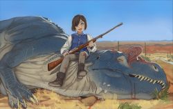 Rule 34 | 1girl, :d, allosaurus, anachronism, blue sky, boots, brown footwear, brown hair, carcass, day, dinosaur, grey pants, gun, hair over one eye, highres, holding, holding gun, holding weapon, jacket, looking at viewer, mossacannibalis, one eye covered, open mouth, original, outdoors, pants, rifle, sky, smile, solo, weapon