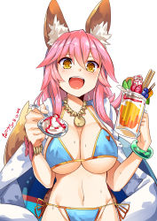 Rule 34 | + +, 10s, 1girl, 2016, :d, absurdres, animal ears, bangle, bead bracelet, bead necklace, beads, beer mug, bikini, blue bikini, bracelet, breasts, cleavage, collar, cowboy shot, cup, dated, drinking glass, fate/extra, fate/grand order, fate (series), feeding, food, fox ears, fox tail, fruit, groin, hair between eyes, highres, holding, holding cup, holding drinking glass, holding spoon, ice cream, incoming food, innertube, jewelry, large breasts, long hair, looking at viewer, mug, navel, necklace, nekomicha, open mouth, pendant, pink hair, pocky, pov feeding, shawl, side-tie bikini bottom, signature, smile, solo, spoon, stomach, string bikini, sundae, sweat, swim ring, swimsuit, tail, tamamo (fate), tamamo no mae (fate/extra), tamamo no mae (swimsuit lancer) (fate), tamamo no mae (swimsuit lancer) (third ascension) (fate), underboob, upper body, wafer stick, whipped cream, white background, yellow eyes