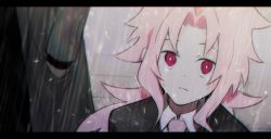 Rule 34 | 2boys, black jacket, black shirt, bright pupils, closed mouth, coat, collared shirt, eyebrows hidden by hair, formal, frown, grey coat, hair intakes, hand in pocket, hatsutori hajime, jacket, letterboxed, long sleeves, male focus, multiple boys, necktie, outdoors, pink eyes, pink hair, pink necktie, rain, red-xii, saibou shinkyoku, shirt, solo focus, suit, suit jacket, theodore riddle, white pupils, white shirt