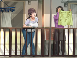 Rule 34 | 2girls, apron, basket, blush, breasts, brown eyes, brown hair, clothes pin, clothesline, denim, door, full body, happy, highres, holding, inkey, jeans, large breasts, legs, legs together, long hair, looking at viewer, matching hair/eyes, multiple girls, open mouth, original, outdoors, pants, pantyhose, ponytail, risou no oku-san to! shitaikoto, zenbu, skirt, smile, standing, thighs
