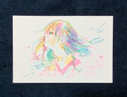 Rule 34 | 1girl, absurdres, collared shirt, colorful, dated, floating hair, from side, hatching (texture), highres, long hair, looking up, marker (medium), original, pen (medium), portrait, profile, shirt, signature, simple background, solo, tears, traditional media, watanabe tomari, water drop, white background