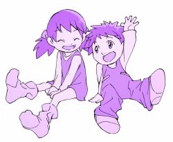 Rule 34 | 1boy, 1girl, age difference, ai (digimon), brother and sister, closed eyes, digimon, happy, heartwarming, highres, makoto (digimon), overalls, siblings, size difference, smile, socks, twintails