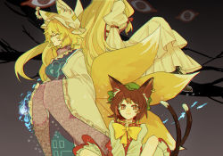 Rule 34 | 3girls, :3, animal ear fluff, animal ears, animal hat, blonde hair, blue tabard, bow, bowtie, brown eyes, brown hair, cat ears, cat tail, chen, closed mouth, dress, earrings, fox tail, gap (touhou), green headwear, hands in opposite sleeves, hat, head out of frame, jewelry, long hair, long sleeves, looking at viewer, mob cap, multiple girls, multiple tails, mob cap, puffy sleeves, red dress, shirt, short hair, single earring, smile, tabard, tail, touhou, two tails, very long hair, white dress, white headwear, white shirt, wide sleeves, xuetiaobugouzhang, yakumo ran, yakumo yukari, yellow bow, yellow bowtie