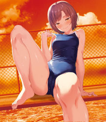 Rule 34 | 1girl, blush, brown eyes, brown hair, cameltoe, highres, kinta (distortion), one-piece swimsuit, outdoors, pool, school swimsuit, sitting, solo, spread legs, swimsuit