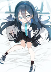 Rule 34 | 1girl, absurdly long hair, absurdres, aris (blue archive), bed sheet, black hair, black hairband, black skirt, black socks, blue archive, blue eyes, blue necktie, hairband, highres, jacket, long hair, long sleeves, najimi (track saba), necktie, one side up, open clothes, open jacket, open mouth, pleated skirt, shirt, shoes, skirt, smile, socks, solo, very long hair, white footwear, white jacket, white shirt