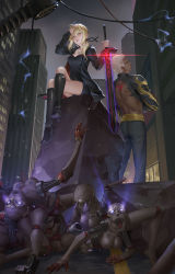 Rule 34 | 1boy, 1girl, absurdres, artoria pendragon (all), artoria pendragon (fate), black footwear, blonde hair, boots, building, casual, city, dark skin, emiya alter, excalibur morgan (fate), fate/grand order, fate (series), glowing, glowing sword, glowing weapon, hair ribbon, high heel boots, high heels, highres, jacket, jewelry, knee boots, looking at viewer, necklace, night, official alternate costume, ponytail, renyu1012, ribbon, saber alter, saber alter (ver. shinjuku 1999) (fate), shoe soles, shorts, sitting, sword, weapon, white hair, wicked dragon witch ver. shinjuku 1999