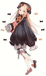 Rule 34 | 1girl, abigail williams (fate), absurdres, arm at side, black bow, black dress, black footwear, black hat, blonde hair, bloomers, blue eyes, blush, bow, bug, butterfly, closed mouth, commentary request, dress, fate/grand order, fate (series), forehead, hair bow, hands in opposite sleeves, hat, head tilt, highres, hugging object, insect, long hair, long sleeves, looking at viewer, looking to the side, mo (mokatampe), orange bow, parted bangs, polka dot, polka dot bow, shoes, simple background, solo, standing, standing on one leg, stuffed animal, stuffed toy, teddy bear, underwear, very long hair, white background, white bloomers