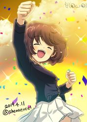 Rule 34 | 1girl, :d, absurdres, akiyama yukari, artist logo, blue jacket, brown hair, clenched teeth, cloud, cloudy sky, commentary, confetti, cowboy shot, dated, day, facing viewer, girls und panzer, happy, highres, jacket, long sleeves, messy hair, military, military uniform, miniskirt, one-hour drawing challenge, ooarai military uniform, open mouth, orange sky, outdoors, pleated skirt, raised fist, shiina excel, short hair, skirt, sky, smile, solo, sparkle, standing, tears, teeth, twitter username, uniform, white skirt