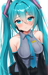 1girl absurdres bare_shoulders black_skirt blue_eyes blue_hair blue_necktie blush breasts collared_shirt detached_sleeves from_above frown hair_between_eyes hatsune_miku headset highres long_hair looking_at_viewer looking_up medium_breasts microphone miniskirt necktie pleated_skirt shirohisame shirt skirt solo twintails v_arms very_long_hair vocaloid