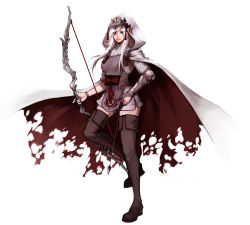 Rule 34 | 1girl, arm guards, arrow (projectile), ashe (league of legends), boots, bow (weapon), bracelet, cape, green eyes, highres, hood, ippus, jewelry, league of legends, long hair, ring, solo, thigh boots, thighhighs, torn cape, torn clothes, weapon, white hair, zettai ryouiki