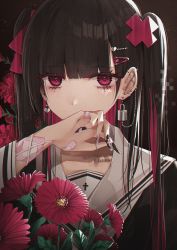 Rule 34 | 1girl, bandaid, bandaid on arm, bandaid on hand, barbell piercing, black background, blunt bangs, blush, flower, hair ornament, hairclip, hand to own mouth, highres, kanju, lock, looking at viewer, nail polish, original, piercing, portrait, red flower, roman numeral, school uniform, solo, tattoo, twintails, yami kawaii