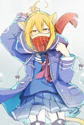 Rule 34 | 1girl, ahoge, animal ears, arm up, artoria pendragon (fate), bad id, bad pixiv id, black thighhighs, blonde hair, blue jacket, blue serafuku, blue shirt, blue skirt, cat ears, cat girl, cat tail, commentary request, covered mouth, drawstring, fate/grand order, fate (series), fringe trim, garter straps, glasses, hair between eyes, highres, jacket, kemonomimi mode, long sleeves, looking at viewer, mitu yang, mysterious heroine x alter (fate), mysterious heroine x alter (first ascension) (fate), neckerchief, pleo, red neckerchief, red scarf, scarf, school uniform, serafuku, shirt, sidelocks, skirt, solo, tail, thighhighs, yellow eyes