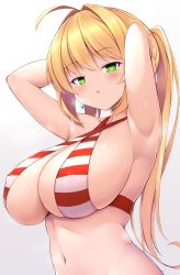 Rule 34 | 1girl, :o, ahoge, armpits, arms behind head, bikini, blonde hair, breasts, breath, cleavage, earrings, fate/grand order, fate (series), green eyes, hair intakes, hanetu, highres, jewelry, large breasts, long hair, looking at viewer, navel, nero claudius (fate), nero claudius (fate) (all), nero claudius (swimsuit caster) (fate), open mouth, ponytail, solo, striped bikini, striped clothes, sweat, swimsuit