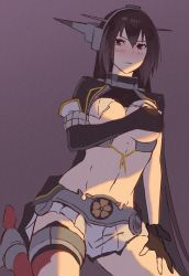 Rule 34 | 1girl, black background, black gloves, black hair, breasts, cape, commentary request, covering privates, covering breasts, elbow gloves, gloves, headgear, kantai collection, kasumi (skchkko), kikumon, kneeling, large breasts, long hair, miniskirt, nagato (kancolle), nagato kai ni (kancolle), partially fingerless gloves, pleated skirt, red eyes, simple background, skirt, solo, thighhighs, torn clothes