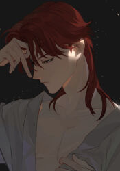 Rule 34 | 1boy, brown eyes, closed mouth, commentary, fingernails, frown, grey background, hand on own forehead, highres, ichijou seiya, kaiji, long bangs, long hair, looking down, loose clothes, loose shirt, male focus, red hair, shirt, solo, upper body, white shirt, xt1125cj